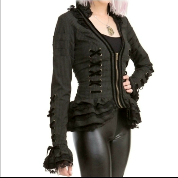 Spin Doctor Tops - Spin Doctor Lace Up Zip Up Gothic Jacket black